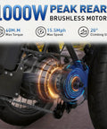 FatGo1 1000W Folding Electric Tricycle for Adults With Basket Fat Tire 3 Wheel Ebike 48V 648Wh Removable Battery Step Through Frame Pedal Assist Up to 55 Miles City Cruiser for Seniors rear motor close-up