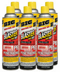 Six cans of Blaster penetrating catalyst, 18 oz each, designed for rust and corrosion prevention shown in a set, front view.
