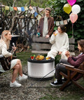 Group enjoying outdoor gathering with Smokeless Fire Pit Accessories Kit With 23-Inch Carbon Steel Base, 36-Inch Fire Poker, And 27.5-Inch Lid With Dual Wood Handles, Yukon Solo Stove Compatible, Great For Camping, Patio, And Backyard Use.