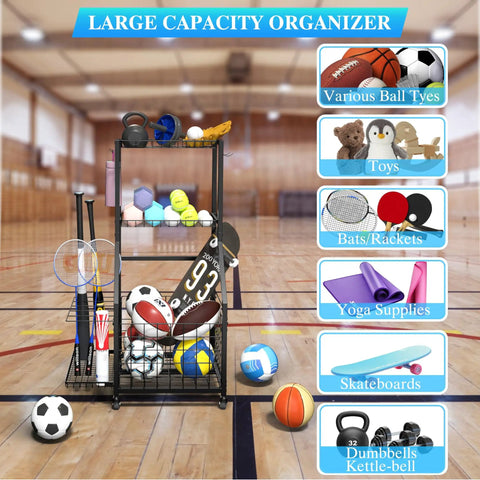 Mobile Garage Sports Gear Organizer With Wheels Three Tier Ball Rack For Basketballs Footballs And Mats Heavy Duty Storage Rack With Hooks Anti Slip Shelves Space Saving Indoor And Outdoor Gear Organizer For All Your Sports Equipment