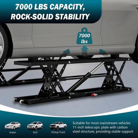 Heavy Duty Portable Car Lift With Bone Strong Carbon Steel And Rock Solid 7000 Pound Capacity; stable support for sedans, SUVs, trucks.