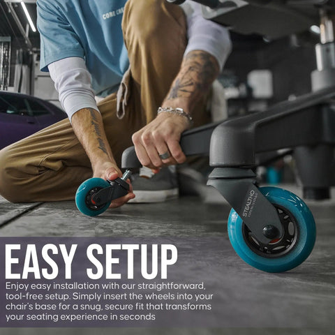 User installing Heavy Duty Office Chair Wheels Set Of 5 Rollerblade Casters 3 Inch Thick on office chair base.