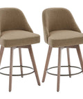 26 Inch Counter Height Swivel Bar Stools Set Of 2 With Backs Linen Upholstery Solid Wood Legs Mid Century Modern Kitchen Island Chairs Easy Clean Fabric Sand Brown, front view