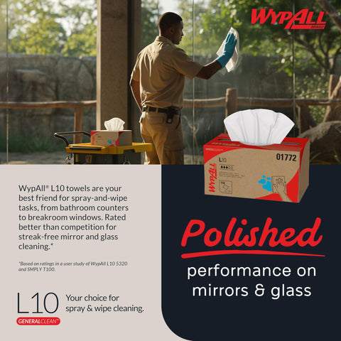 Person cleaning glass with General Clean L10 Light Cleaning Cloths Wipes Pop Up Box White Dairy Towels on table