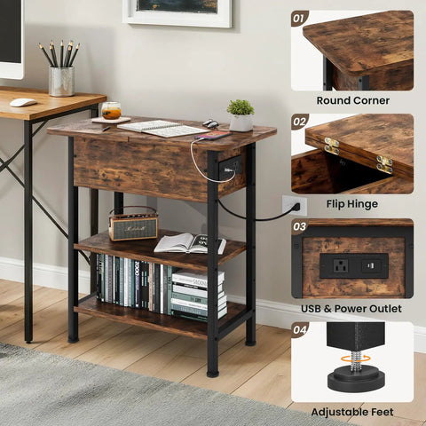 End Table With Charging Station And USB Ports, Flip Top Side Table With Two USB Ports And One AC Outlet, Brown Finish, Adjustable Feet