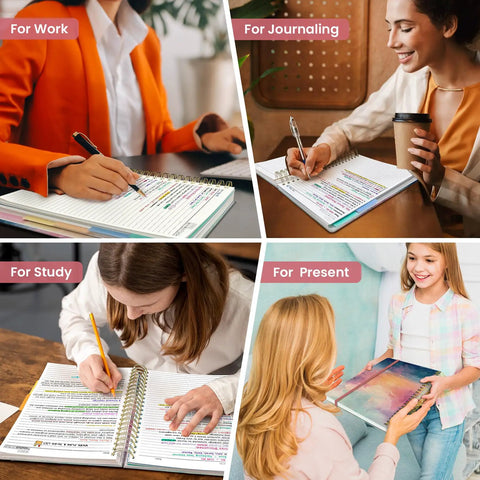 Spiral Notebook With Five Removable Dividers And Tabs, 8.5x11 Hardcover 280-Page Five Subject Journal For Women, College Ruled, in use for work, journaling, study, and as a gift, Sunset design.