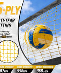 5-ply anti-tear volleyball net with a yellow and blue ball, rated for high resistance; ideal for indoor and outdoor play.