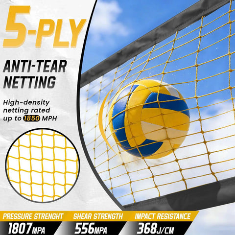 5-ply anti-tear volleyball net with a yellow and blue ball, rated for high resistance; ideal for indoor and outdoor play.
