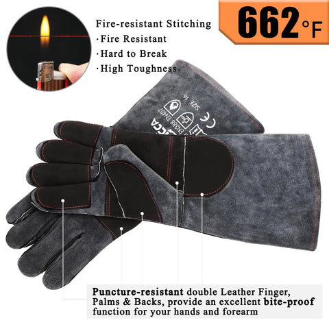 Animal Handling Gloves Bite Proof With Double Leather Reinforcement For Dogs Cats Birds Falcons Reptiles And More 16 Inch Grey Black Beefy Heavy Duty Grip And Forearm Protection For Safe Capture And Handling, shown with fire-resistant features.