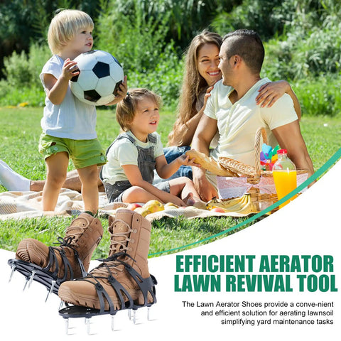 Lawn Aerator Shoes With Sharp 4.5cm Spikes shown on grass with a family picnic in the background, enhancing lawn health.