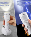 6 Pack 4 In 1 LED Emergency Lights For Home Power Outage, showing white plug-in flashlight being held, with a lightning background.