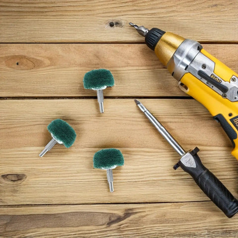 Mushroom Shaped Nylon Polishing Wheels With Handle For Drill, Green 50x6mm Buffing Pads next to a yellow drill on wood surface