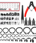 312 Pcs Snap Rings Kit With C Clips And E Clips Manganese Steel Retaining Ring Set M4 To M28 And 1.5 To 10mm 21 C Clip Sizes And 10 E Clip Sizes 10 Pcs Each Plus Snap Ring Plier Set And Tweezers For Quick Secure Fits, displayed with tools and assortment in case.