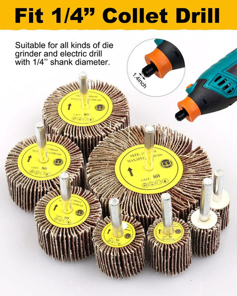 40 Piece One Quarter Inch Shank Abrasive Flap Wheel Set for Die Grinders Aluminum Oxide Cylindrical Sanding Wheels, size variety