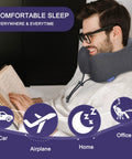 Man using Travel Neck Pillow With Chin Support For Airplane Flights Memory Foam Headrest Sleep Upgraded Comfort Portable Black