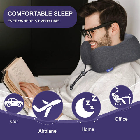 Man using Travel Neck Pillow With Chin Support For Airplane Flights Memory Foam Headrest Sleep Upgraded Comfort Portable Black