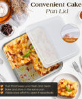 8x8 Inch 304 Stainless Steel Baking Pan With Lid, Heavy Duty Non-Toxic Square Cake Pan for casseroles, shown with lasagna inside.
