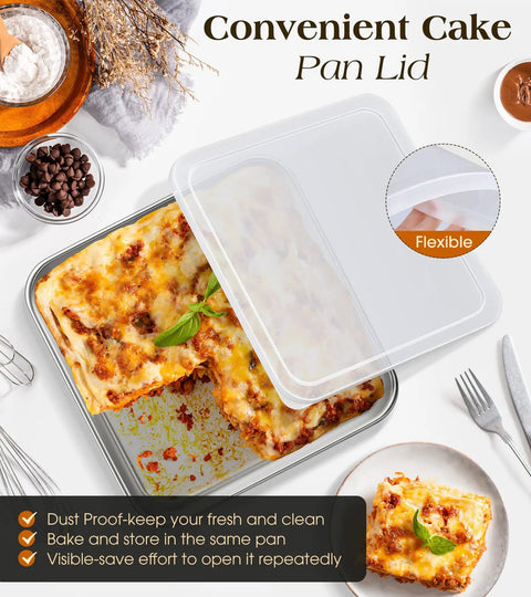 8x8 Inch 304 Stainless Steel Baking Pan With Lid, Heavy Duty Non-Toxic Square Cake Pan for casseroles, shown with lasagna inside.