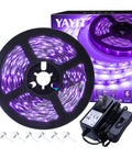 Ultra Bright 20 Foot LED Black Light Strip Kit With 360 LEDs 12V Flexible Ribbon shown with power adapter and mounting clips.