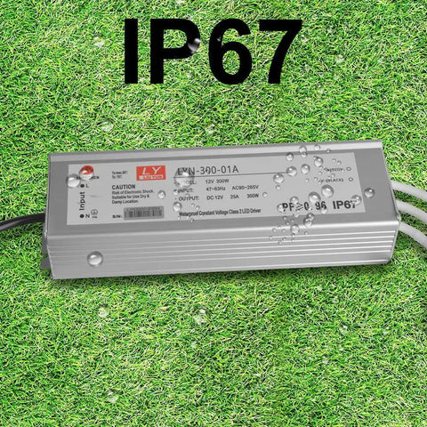 LED Driver 300W Power Transformer for Outdoor LED Lighting 12V DC Output Up To 25A IP67 Waterproof on grass background