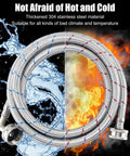 Six Foot Premium Stainless Steel Washer Hoses With 90 Degree Elbow against water and fire background