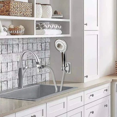 Sink Hose Shower Sprayer Attachment With Five Adapters for kitchen use, attached to faucet in modern kitchen, visible hose