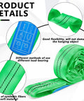 Two Pack Green Polyester Round Slings For Hoist And Towing, Endless Lifting Straps Built Tough, showing product details.