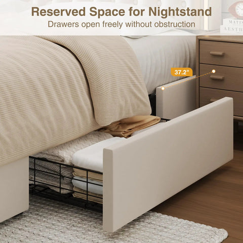 Queen Size Velvet Bed Frame Featuring Smooth As Butter Storage Drawers, Smart Led Chill Lights, Adjustable Headboard, Button Tufted Modern Platform Bed, Solid Wood Slats, No Sweat Assembly, Beige with visible storage drawers.