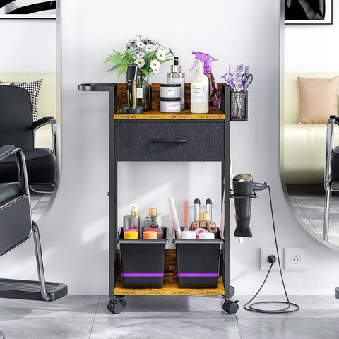Mobile Salon Trolley Cart On Wheels For Hair Stylists With Metal Tool Holder And Basket Rolling Barber Table With Fabric Drawer Pro Grade Heavy Duty Durable Steel Storage For Salon Spa Barbershop Tattoo Black