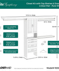 Solid Pure White Closet Organizer Kit With Double Doors And Three Hanging Rods Plus Four Roomy Drawers And Adjustable Heights providing a clear layout with measurements.