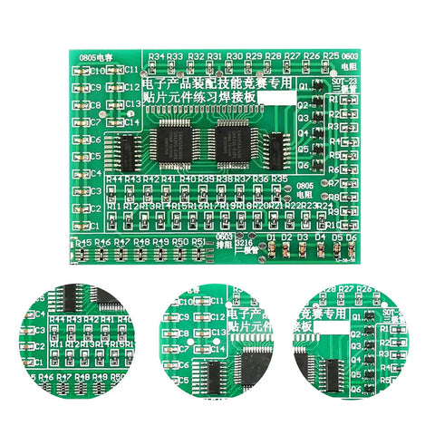 SMD Soldering Practice Kit For DIY SMT Welding Training Board Set with 8 practice boards and 77 SMD components FR4 PCB close-up