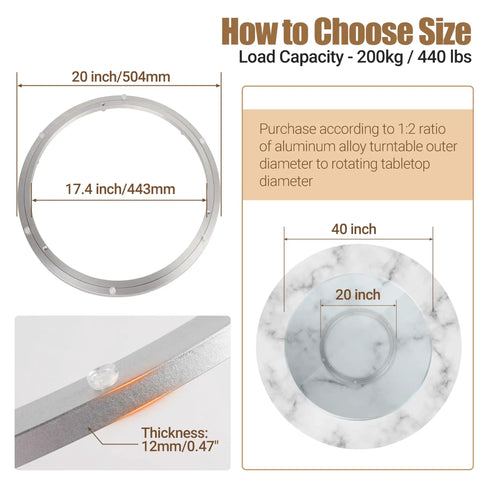 20 Inch Heavy Duty Aluminum Alloy Lazy Susan Turntable Bearing dimensions: 504mm diameter, precision detail for DIY builds and home shops.