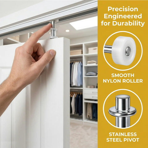 Hand adjusting spring-loaded pivot in 8 Pack Bifold Closet Door Hardware Kit With Top Roller Guide Wheels And Pivot Pins For Folding Doors.