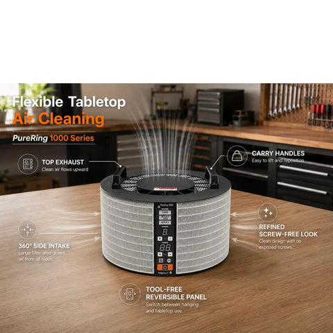 Rock Solid 1040 CFM Shop Air Filtration System With Ring Intake And BLDC Motor Features Remote Control And 24Hr Timer on wooden workbench