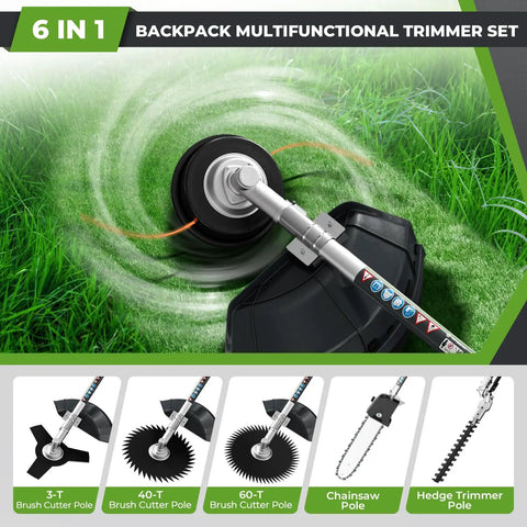 6 In 1 Backpack Gas Powered Weed Eater Kit With 52cc 2 Stroke Engine Includes String Trimmer Hedge Trimmer Pole Saw Brush Cutter Blade And Safety Lock Shoulder Strap For Lawn Trimming