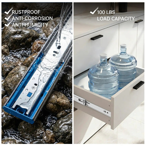 No-Fuss Soft-Close Heavy-Duty 12-Inch Drawer Slides in water, highlighting rustproof feature and 100-pound load capacity in kitchen drawer