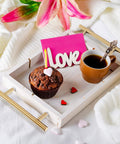 Wooden tray with gold handles from 14 Piece Tray Handle Set for Resin Crafts and Cabinet Doors, coffee cup, and muffin.