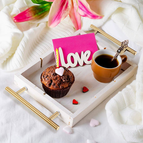 Wooden tray with gold handles from 14 Piece Tray Handle Set for Resin Crafts and Cabinet Doors, coffee cup, and muffin.