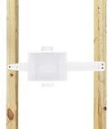 Universal Washer Hookup Box With Center Drain Outlet And Raised Drip Guard Featuring Heavy Duty Recessed Plumbing Frame No Valve Included No Brainer Setup Ready To Rock For Laundry Rooms, white plastic in wall mount.