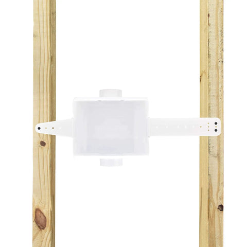 Universal Washer Hookup Box With Center Drain Outlet And Raised Drip Guard Featuring Heavy Duty Recessed Plumbing Frame No Valve Included No Brainer Setup Ready To Rock For Laundry Rooms, white plastic in wall mount.