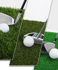 3-In-1 Golf Practice Mat with realistic turf surfaces for hitting swing and putting training, featuring rough, green, and fairway turfs.
