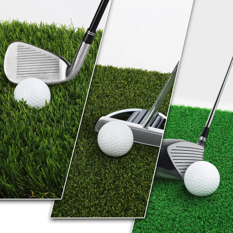 3-In-1 Golf Practice Mat with realistic turf surfaces for hitting swing and putting training, featuring rough, green, and fairway turfs.