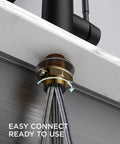 Slick Black Kitchen Faucet With Built In Soap Dispenser Serves Up A Smooth Pull Down Sprayer In Three Easy Modes showing easy connect plumbing beneath.