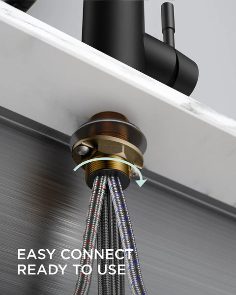 Slick Black Kitchen Faucet With Built In Soap Dispenser Serves Up A Smooth Pull Down Sprayer In Three Easy Modes showing easy connect plumbing beneath.