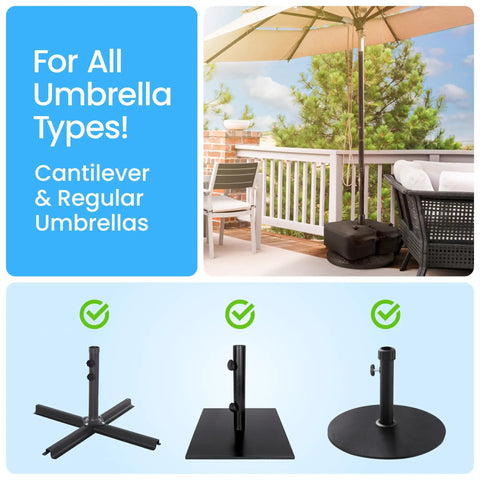 Detachable Square Umbrella Base Water Bag 30L 70lb Water Filled Black For Cantilever Stand shown on patio with umbrella
