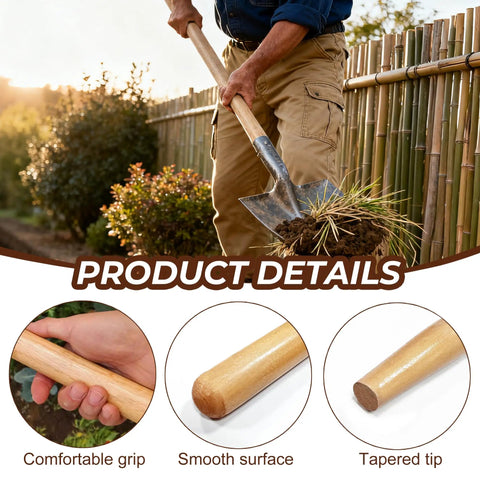 Beefy 55-Inch Black Locust Shovel Handle Replacement in use with comfortable grip, smooth surface, tapered tip detail images