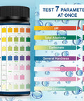 Ultimate 7 Way Aquarium Test Strips Fish Tank Water Test Kit For Freshwater And Saltwater Ponds 100 Count chart showing 7 test parameters.