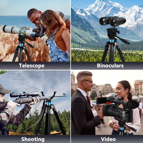 Beefy Heavy Duty Tripod For Spotting Scope And Binoculars With Yoke Stand, supports telescope, binoculars, camera, and shooting setup.