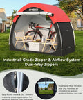 High Clearance Bike Storage Tent Shelter for Your Rigs, black and red design with dual-way zippers, holds bikes and accessories.