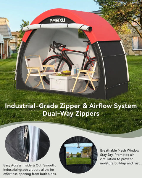High Clearance Bike Storage Tent Shelter for Your Rigs, black and red design with dual-way zippers, holds bikes and accessories.